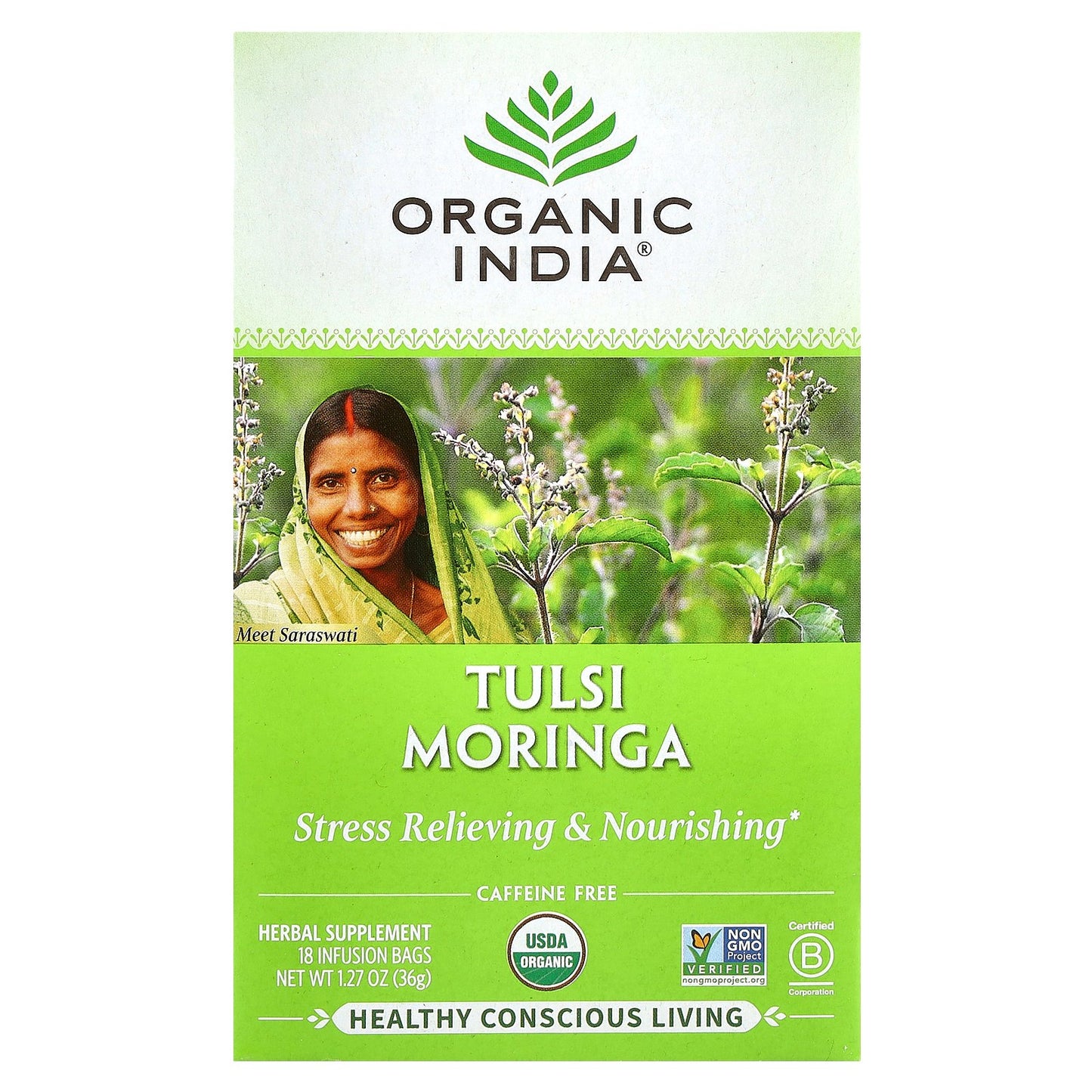 Organic India, Tulsi Moringa Tea, Caffeine Free, 18 Infusion Bags, 1.27 oz (36 g)