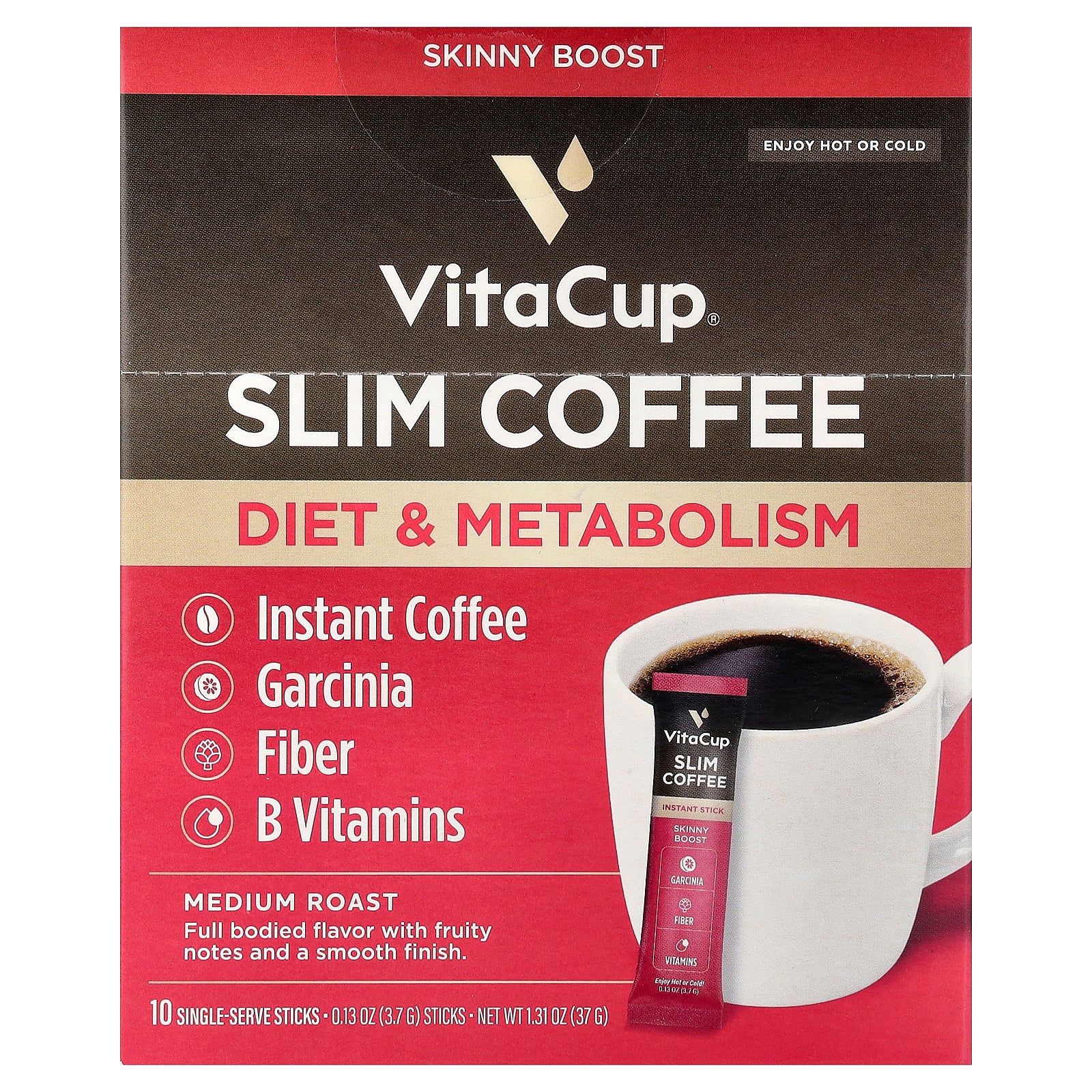 VitaCup, Slim Instant Coffee, Medium Roast, 10 Single-Serve Sticks, 0.13 oz (3.7 g) Each