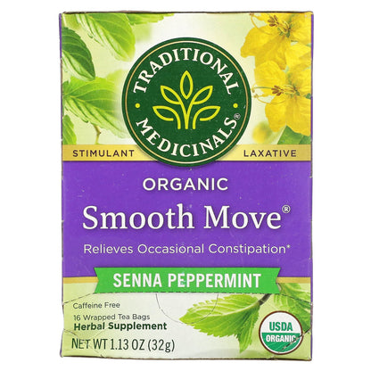 Traditional Medicinals, Organic Smooth Move, Senna Peppermint, Caffeine Free, 16 Wrapped Tea Bags, 1.13 oz (32 g)