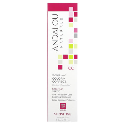 Andalou Naturals, 1000 Roses, CC Color + Correct, Sensitive, SPF 30, Sheer Tan, 2 fl oz (58 ml)