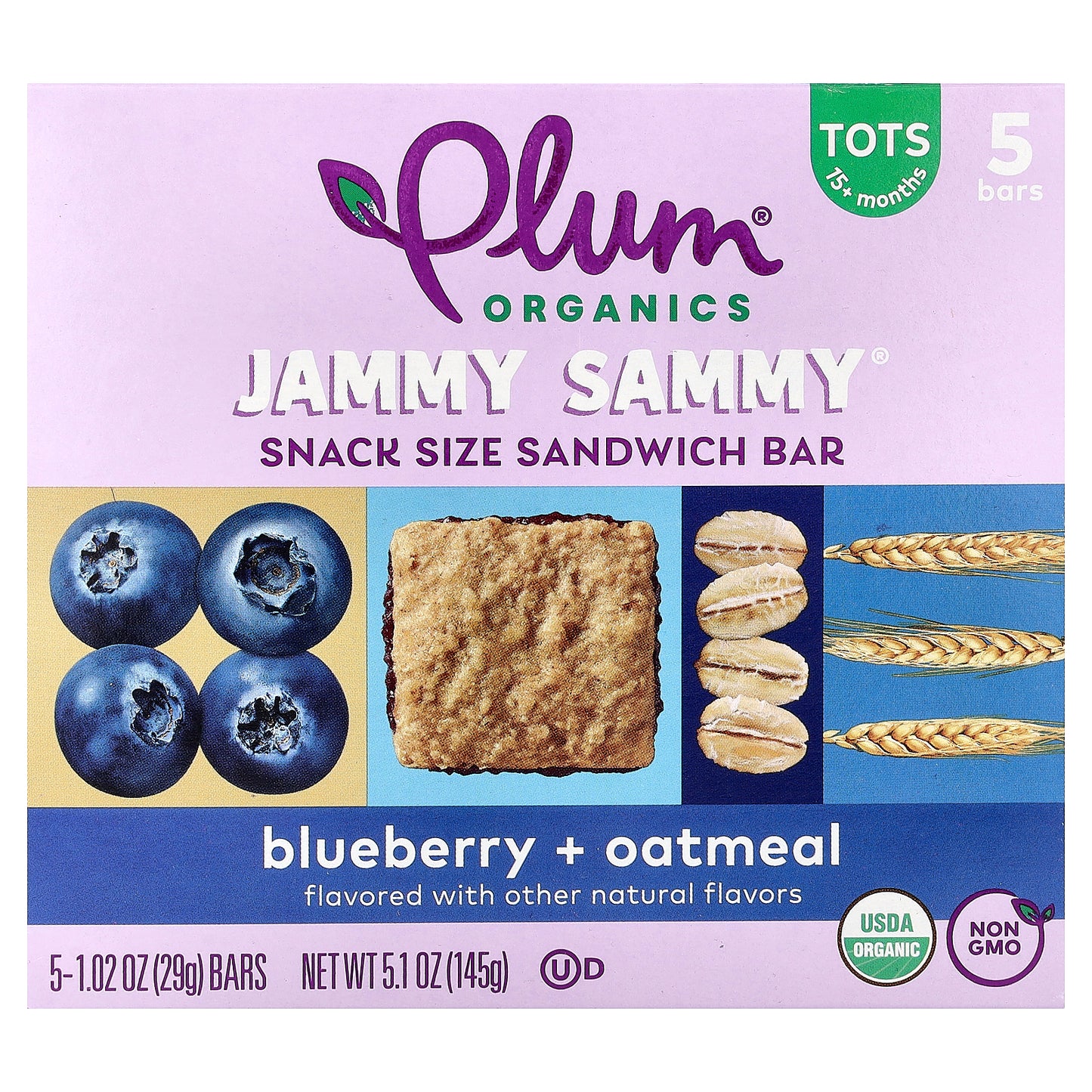 Plum Organics, Jammy Sammy®, Snack Size Sandwich Bar, 15+ Months, Blueberry & Oatmeal, 5 Bars, 1.02 oz (29 g) Each
