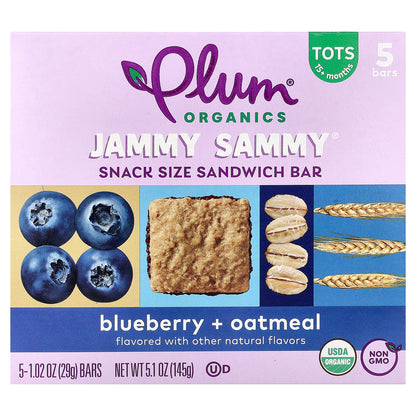 Plum Organics, Jammy Sammy®, Snack Size Sandwich Bar, 15+ Months, Blueberry & Oatmeal, 5 Bars, 1.02 oz (29 g) Each