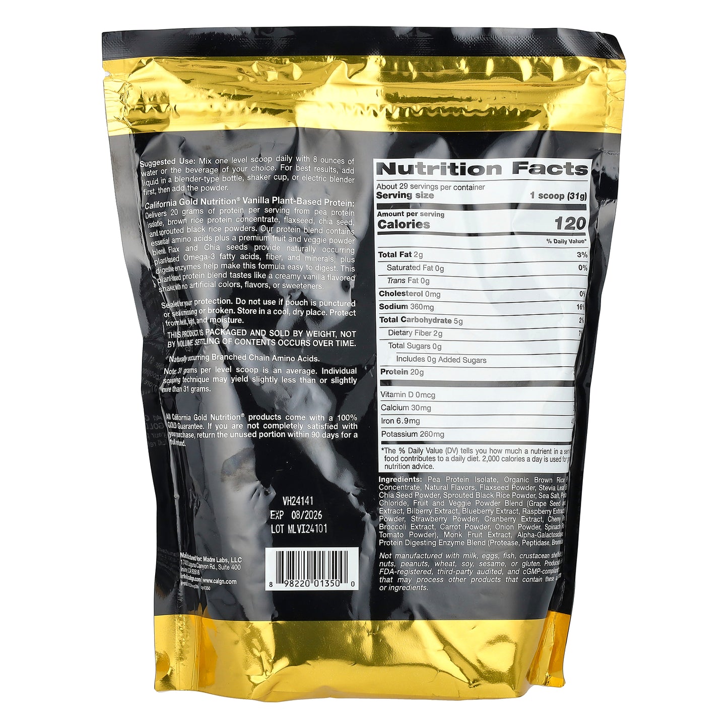 California Gold Nutrition, Sport, Vegan Protein with Pea Protein Isolate and Brown Rice Protein, Vanilla, 2 lb (907 g)