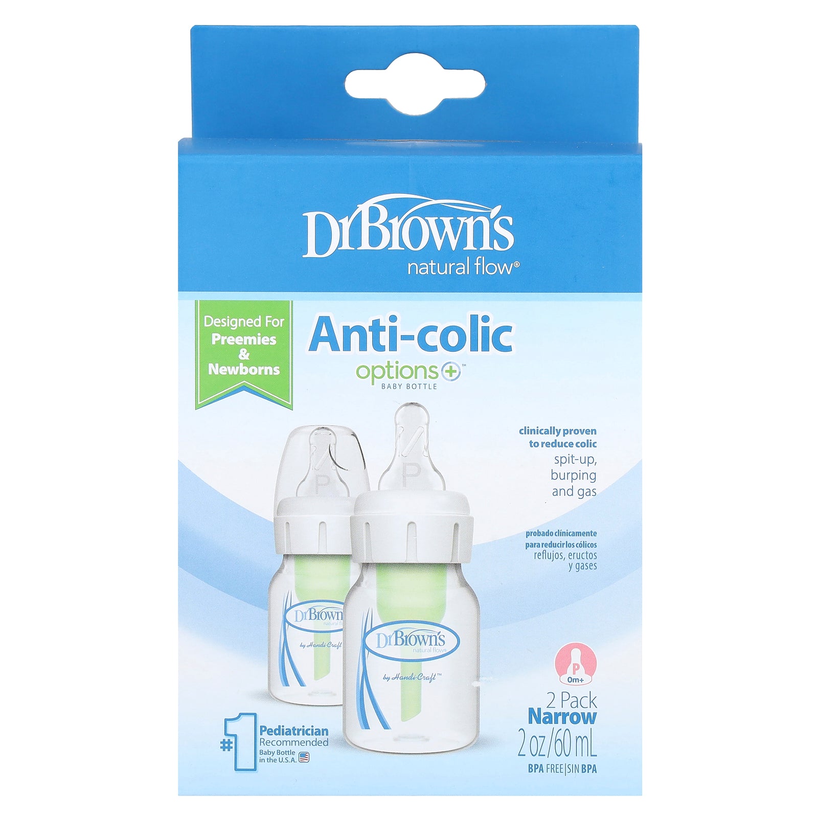 Dr. Brown's, Natural Flow®, Anti-colic Option+™ Baby Bottle, P/0 Months +, 2 Pack, 2 oz (60 ml) Each