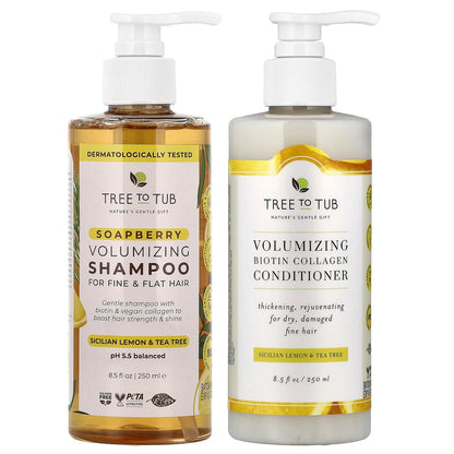 Tree To Tub, Soapberry, Volumizing Shampoo & Conditioner Set, For Fine & Flat Hair, Sicilian Lemon & Tea Tree, 2 Piece Set, 8.5 fl oz (250 ml) Each