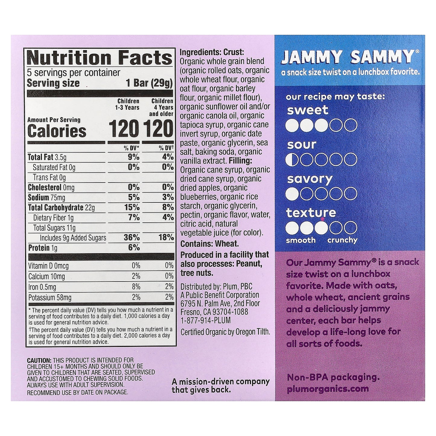 Plum Organics, Jammy Sammy®, Snack Size Sandwich Bar, 15+ Months, Blueberry & Oatmeal, 5 Bars, 1.02 oz (29 g) Each