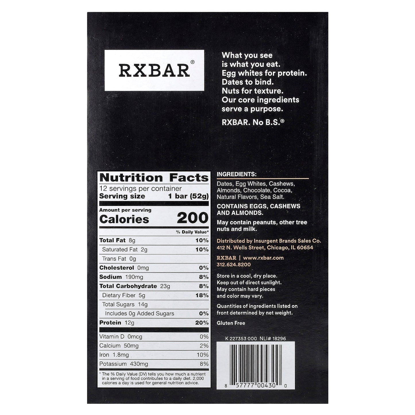 RXBAR, Protein Bar, Chocolate Sea Salt, 12 Bars, 1.8 oz (52 g) Each