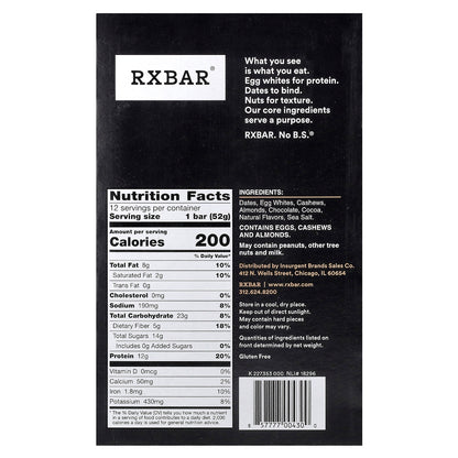 RXBAR, Protein Bar, Chocolate Sea Salt, 12 Bars, 1.8 oz (52 g) Each