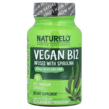 NATURELO, Vegan B12 Infused with Spirulina, 90 Easy Swallow Capsules