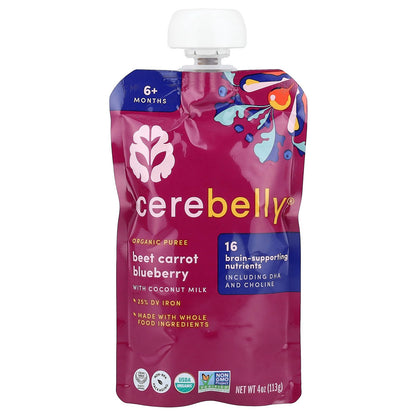 Cerebelly, Organic Puree, 6+ Months, Beet, Carrot, Blueberry with Coconut Milk, 6 Pouches, 4 oz (113 g) Each
