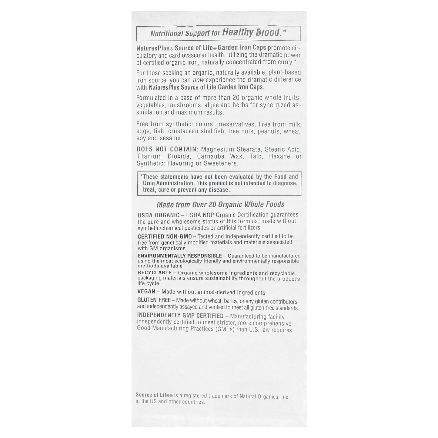 NaturesPlus, Source of Life Garden®, Iron, 30 Vegan Capsules (18 mg per Capsule)