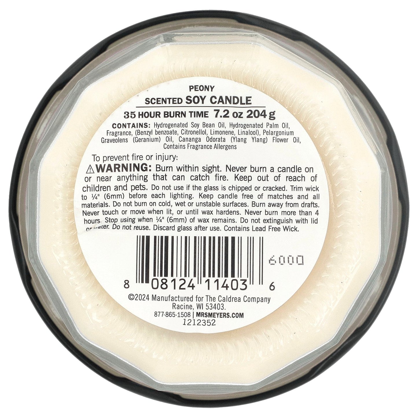 Mrs. Meyers Clean Day, Scented Soy Candle, Peony, 7.2 oz (204 g)