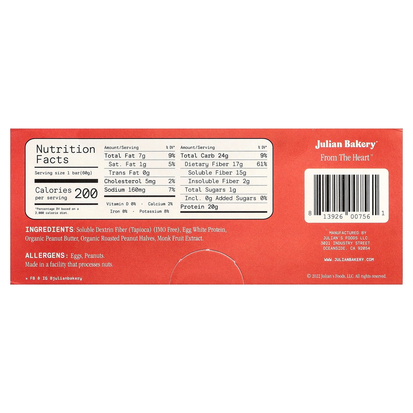 Julian Bakery, Egg White Protein Bar, Peanut Butter, 12 Bars, 2.1 oz (60 g) Each