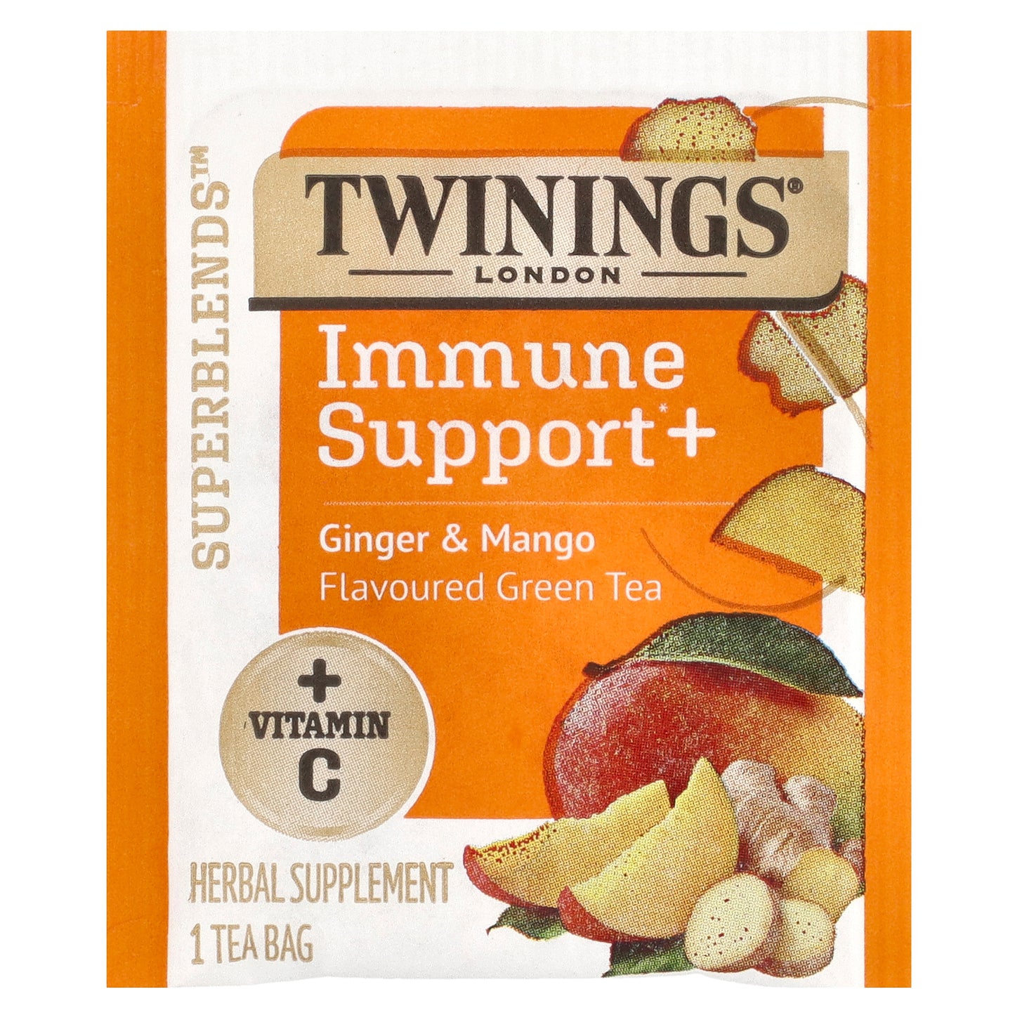 Twinings, Superblends™, Immune Support+ Green Tea, Ginger & Mango, 16 Tea Bags, 1.12 oz (32 g)