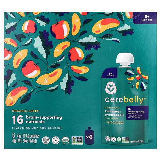 Cerebelly, Organic Puree, 6+ Months, Kale, Sweet Potato, Apple, 6 Pouches, 4 oz (113 g) Each