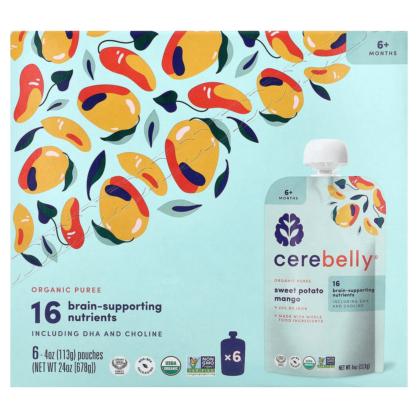Cerebelly, Organic Puree, 6+ Months, Sweet Potato, Mango, 6 Pouches, 4 oz (113 g) Each