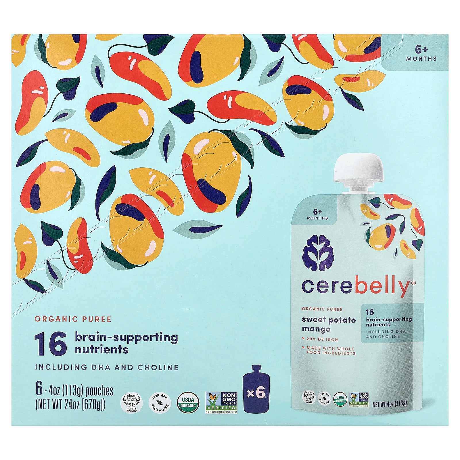 Cerebelly, Organic Puree, 6+ Months, Sweet Potato, Mango, 6 Pouches, 4 oz (113 g) Each