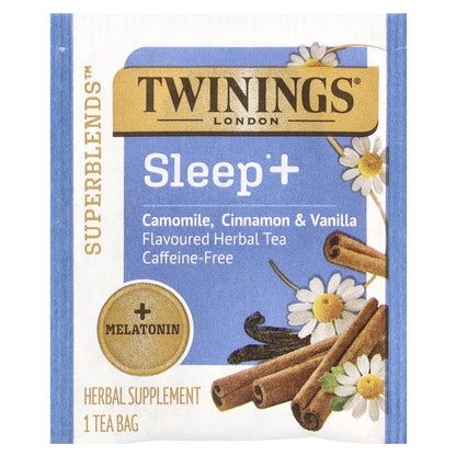 Twinings, Sleep+ with Melatonin Herbal Tea, Camomile, Cinnamon & Vanilla, Caffeine Free, 16 Tea Bags, 0.85 oz (24 g)