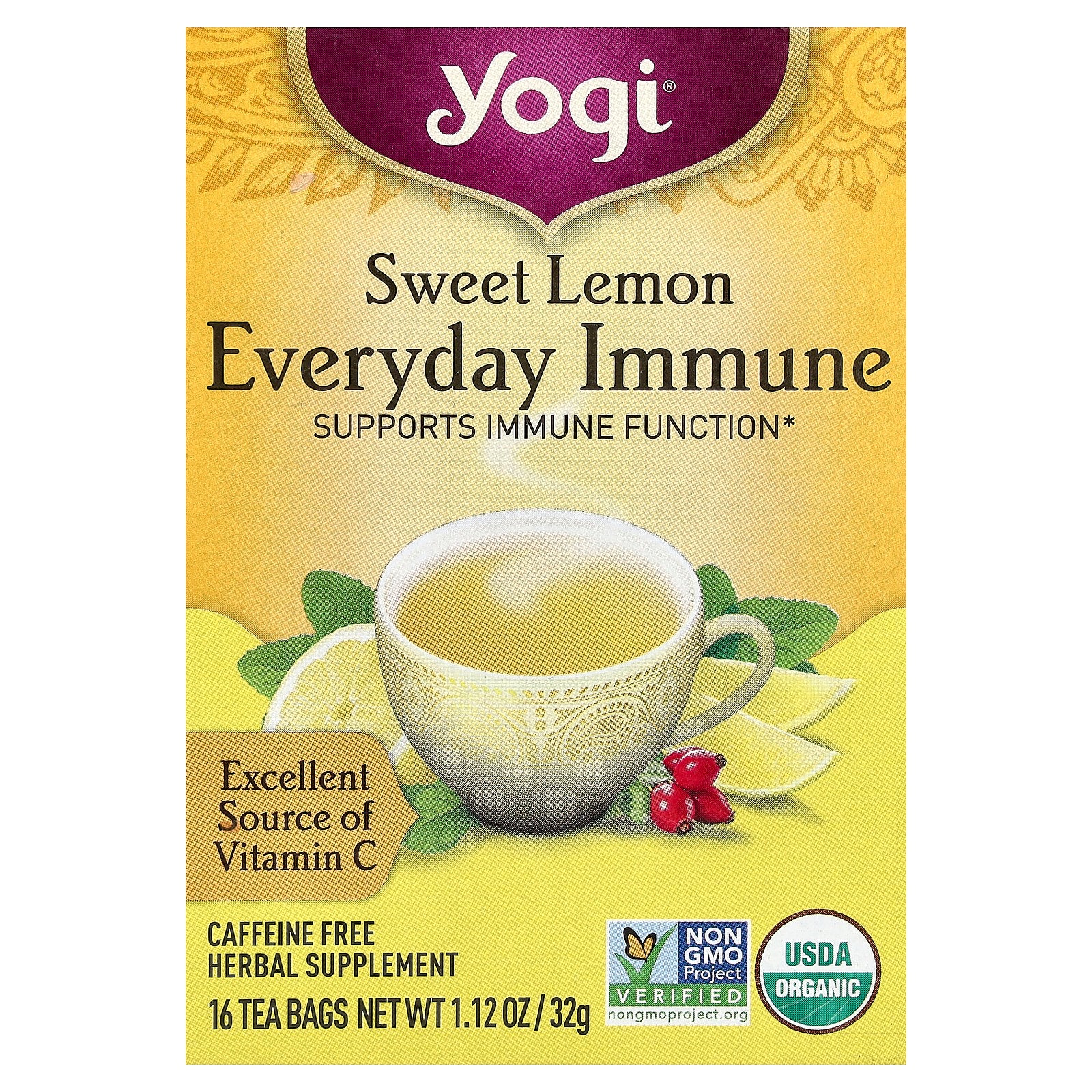 Yogi Tea, Everyday Immune, Sweet Lemon, Caffeine Free, 16 Tea Bags, 1.12 oz (32 g) Each