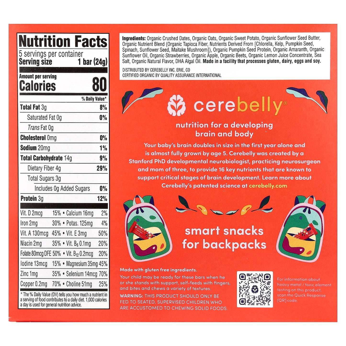 Cerebelly, Smart Bars, Organic Toddler Bars, Strawberry Beet, 5 Bars, 0.84 oz (24 g) Each