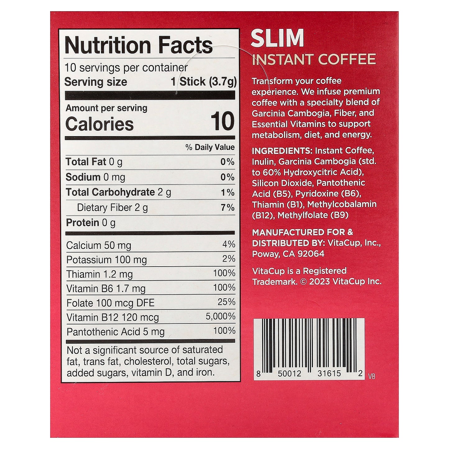 VitaCup, Slim Instant Coffee, Medium Roast, 10 Single-Serve Sticks, 0.13 oz (3.7 g) Each