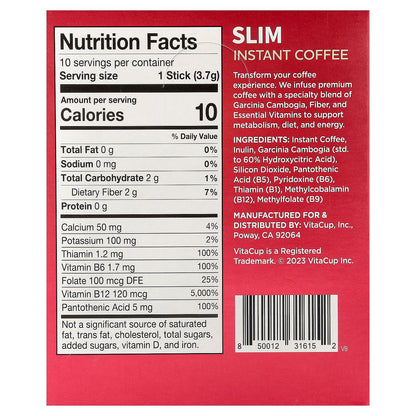 VitaCup, Slim Instant Coffee, Medium Roast, 10 Single-Serve Sticks, 0.13 oz (3.7 g) Each