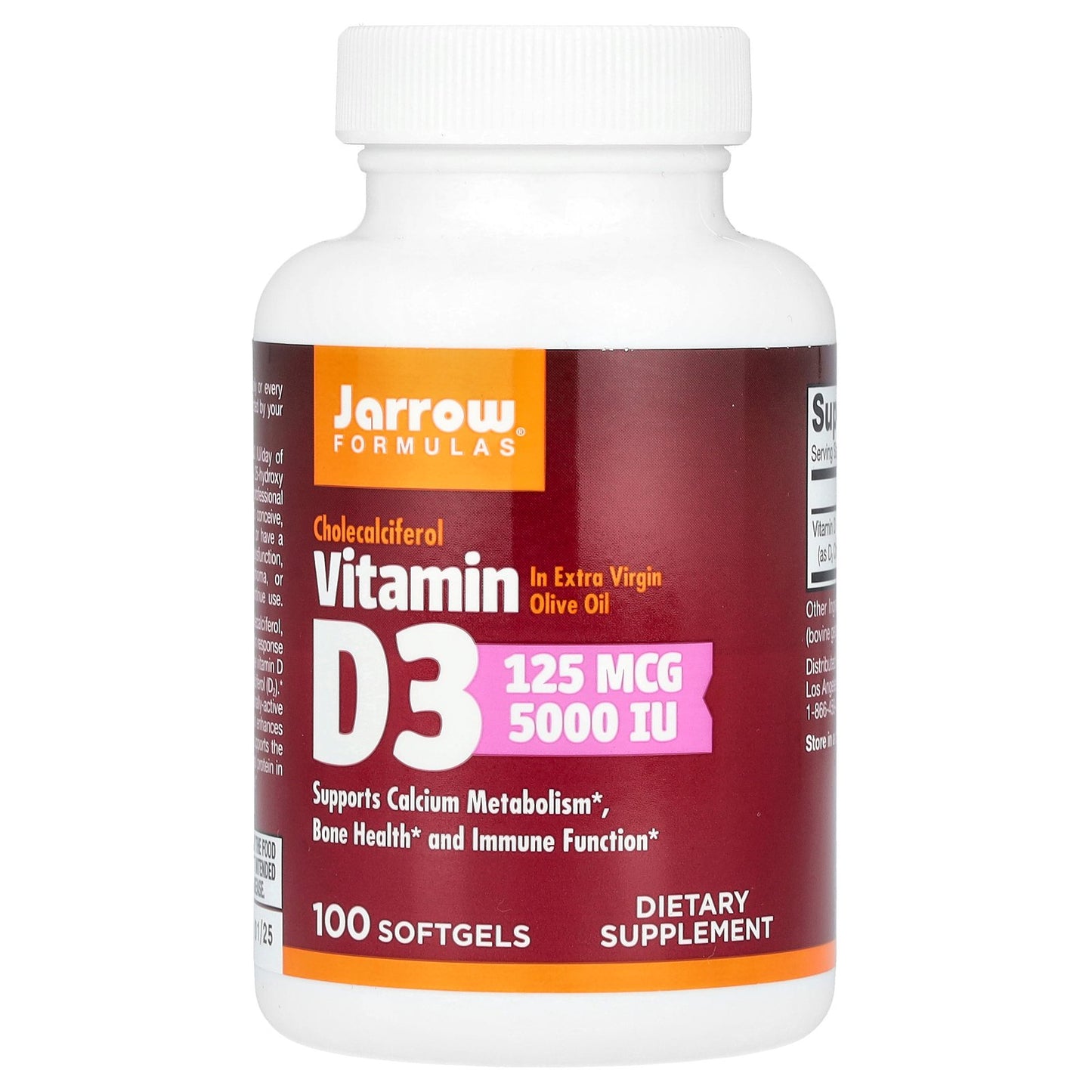 Jarrow Formulas, Vitamin D3, 125 mcg (5,000 IU), 100 Softgels