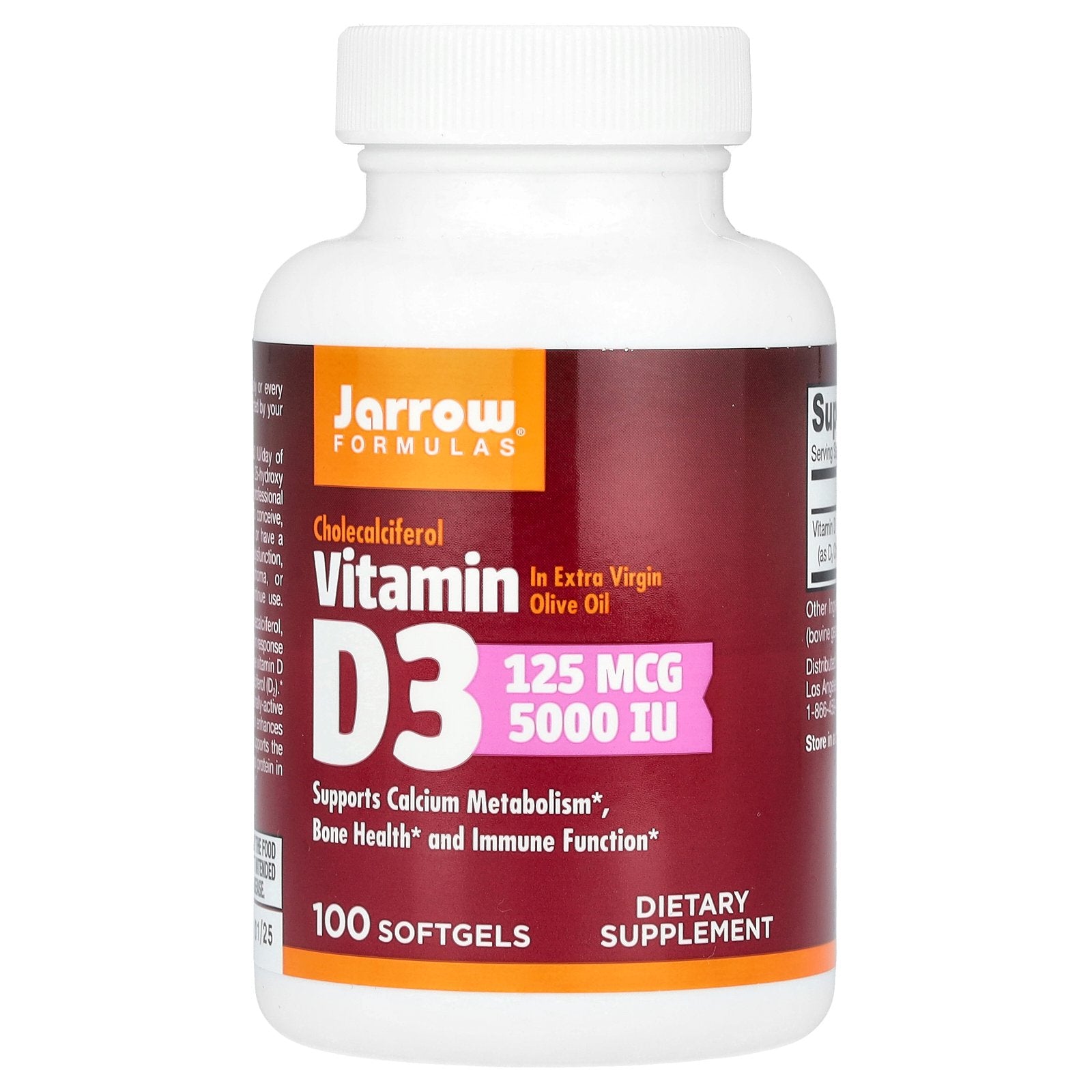 Jarrow Formulas, Vitamin D3, 125 mcg (5,000 IU), 100 Softgels