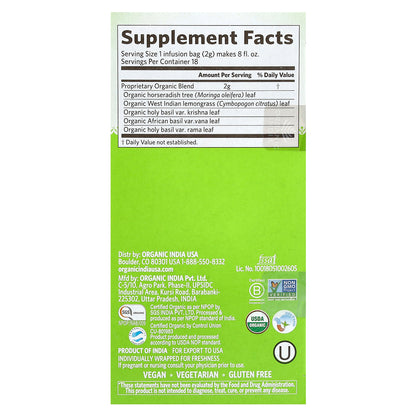 Organic India, Tulsi Moringa Tea, Caffeine Free, 18 Infusion Bags, 1.27 oz (36 g)