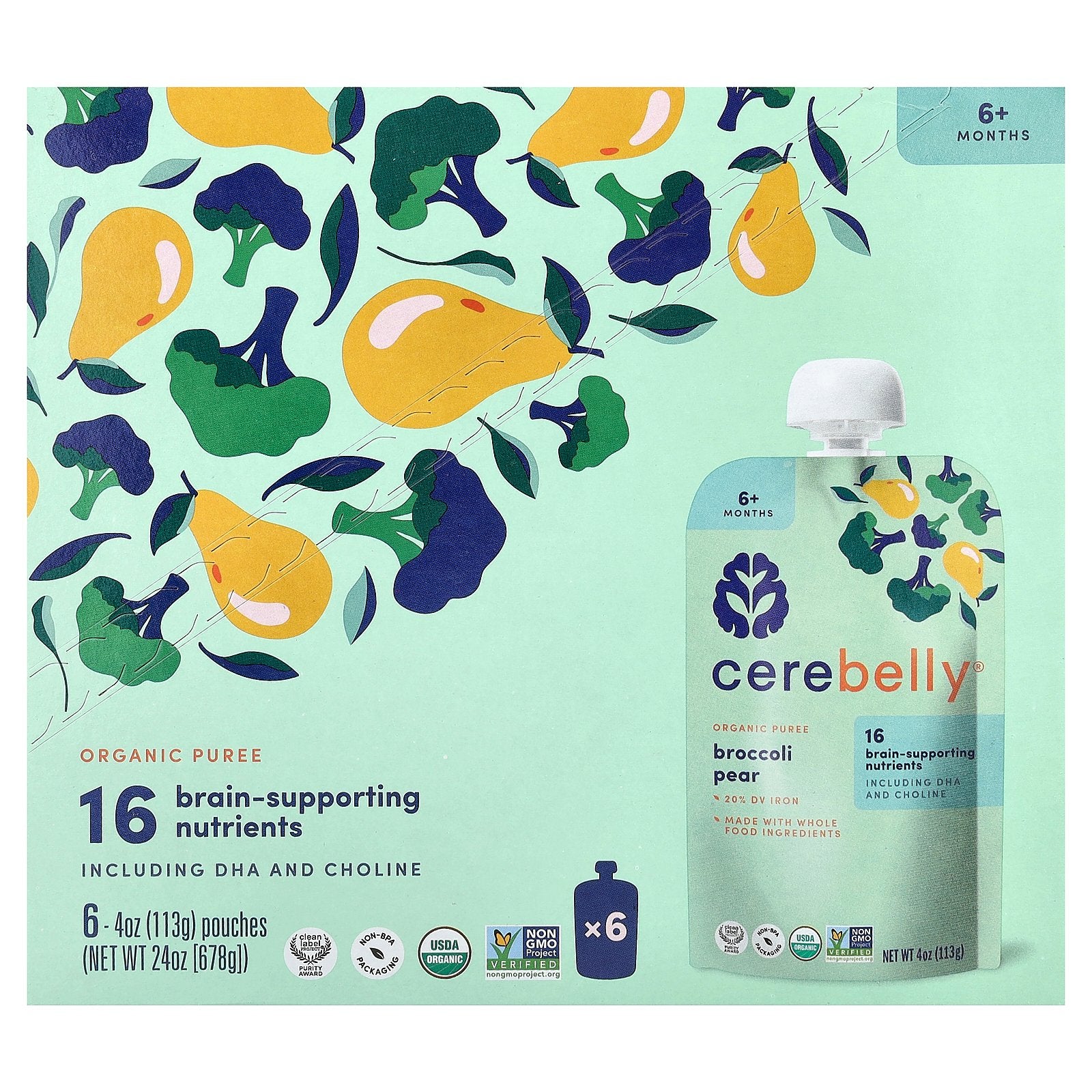 Cerebelly, Organic Puree, 6+ Months, Broccoli Pear, 6 Pouches, 4 oz (113 g) Each