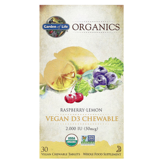 Garden of Life, Organics, Vegan D3, Raspberry-Lemon, 50 mcg (2,000 IU), 30 Vegan Chewable Tablets