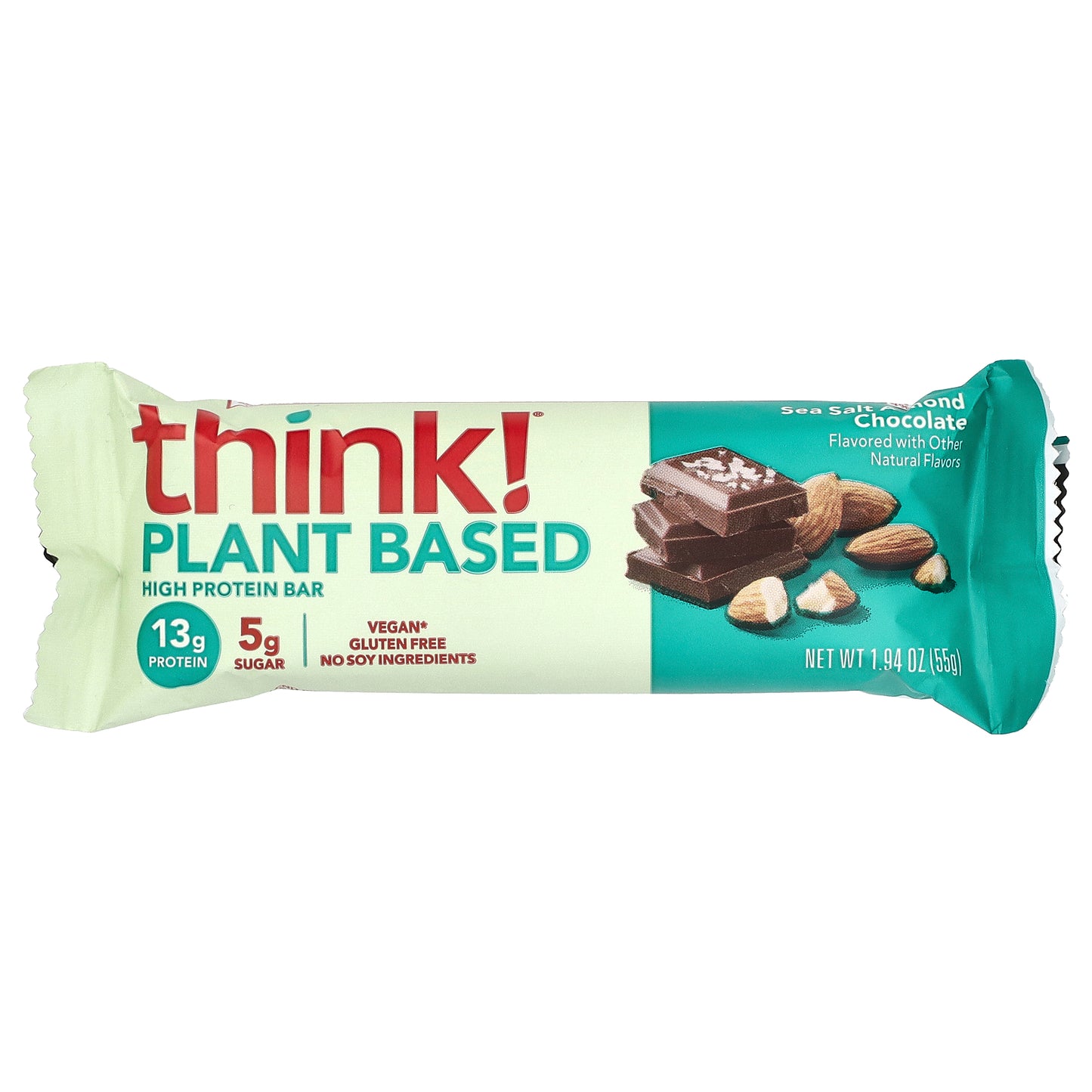 Think !, Plant Based High Protein Bars, Sea Salt Almond Chocolate, 10 Bars, 1.94 oz (55 g) Each