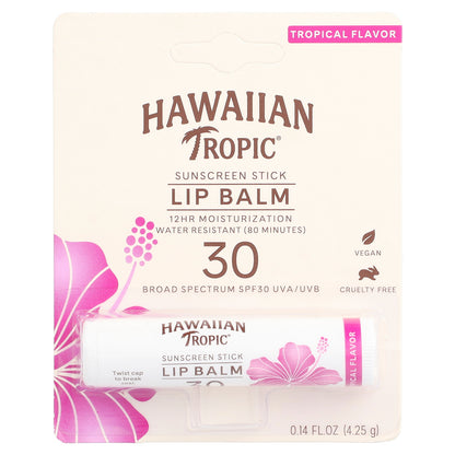 Hawaiian Tropic, Sunscreen Stick Lip Balm, SPF 30, Tropical , 0.14 fl oz (4.25 g)