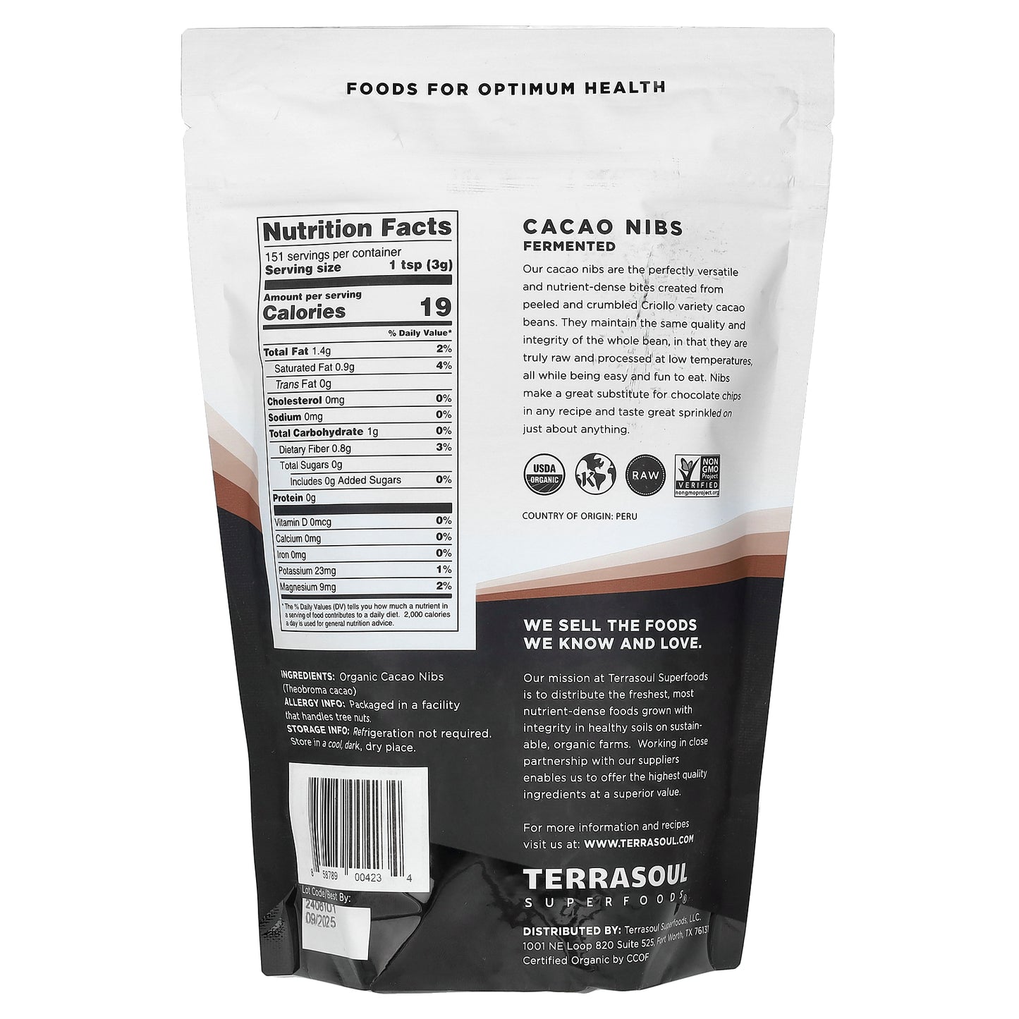 Terrasoul Superfoods, Cacao Nibs, Fermented, 16 oz (454 g)