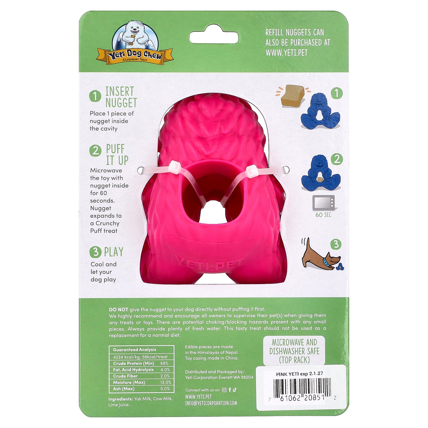 Puff & Play, Treat Dispenser, Yeti Dog Chew Nuggets, Pink, 4 Nuggets, 1 Dispenser