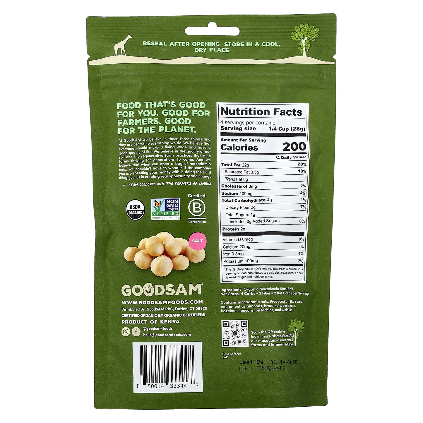 GoodSam, Organic Macadamia Nuts, Dry Roasted & Salted, 4 oz (113 g)