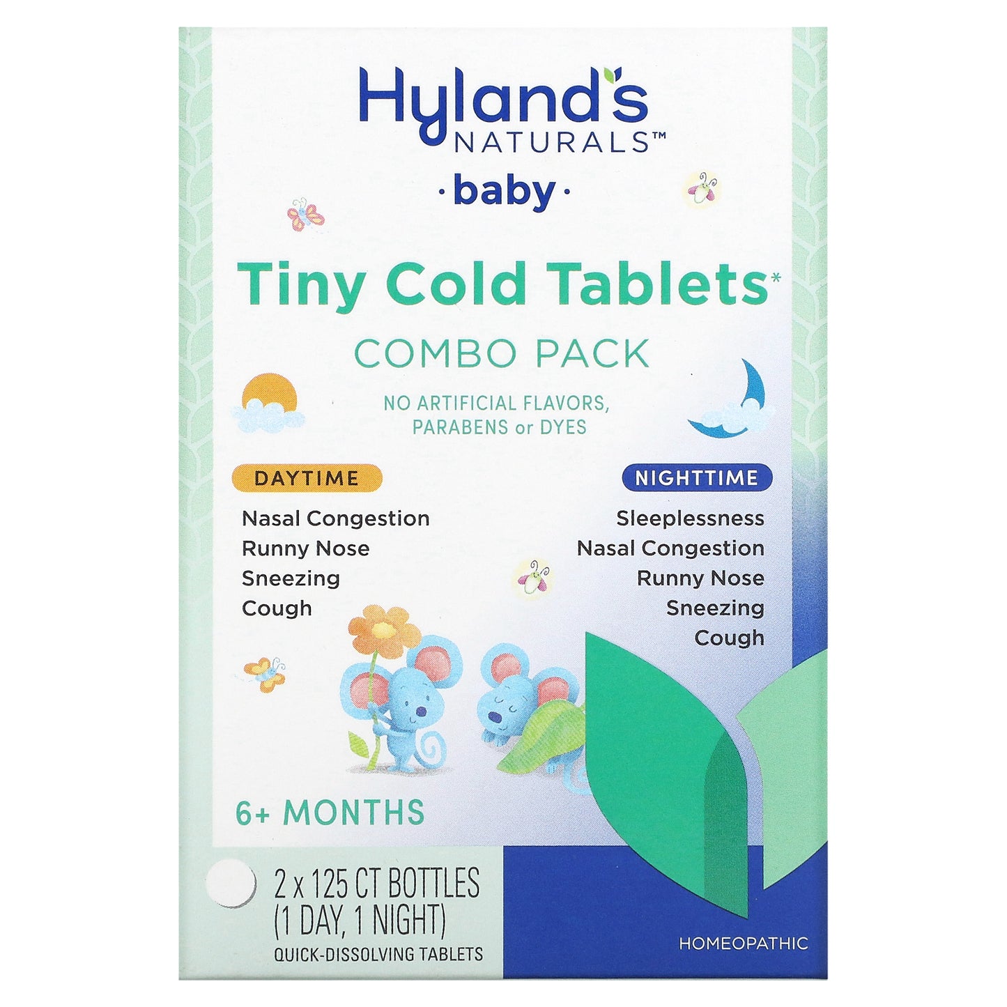 Hyland's Naturals, Baby, Tiny Cold Tablets Combo Pack, Daytime/Nighttime, 6+ Months, 2 Bottles, 125 Quick-Dissolving Tablets Each