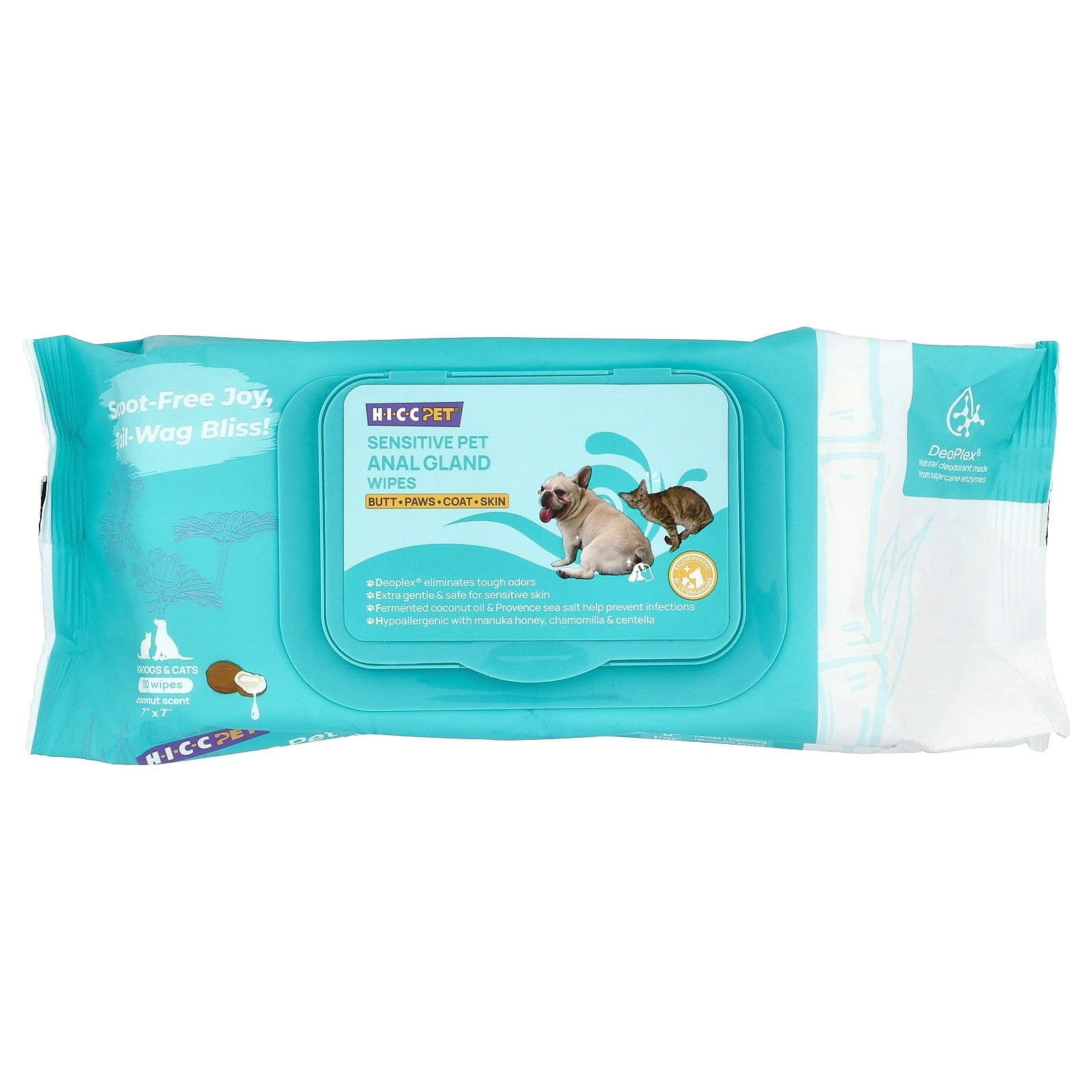 HICC Pet, Sensitive Pet Anal Gland Wipes, For Dogs & Cats, Coconut, 100 Wipes