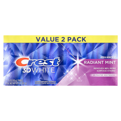 Crest, 3D White Advanced, Fluoride Anticavity Toothpaste, Radiant Mint, 2 Pack, 3.3 oz (93 g) Each
