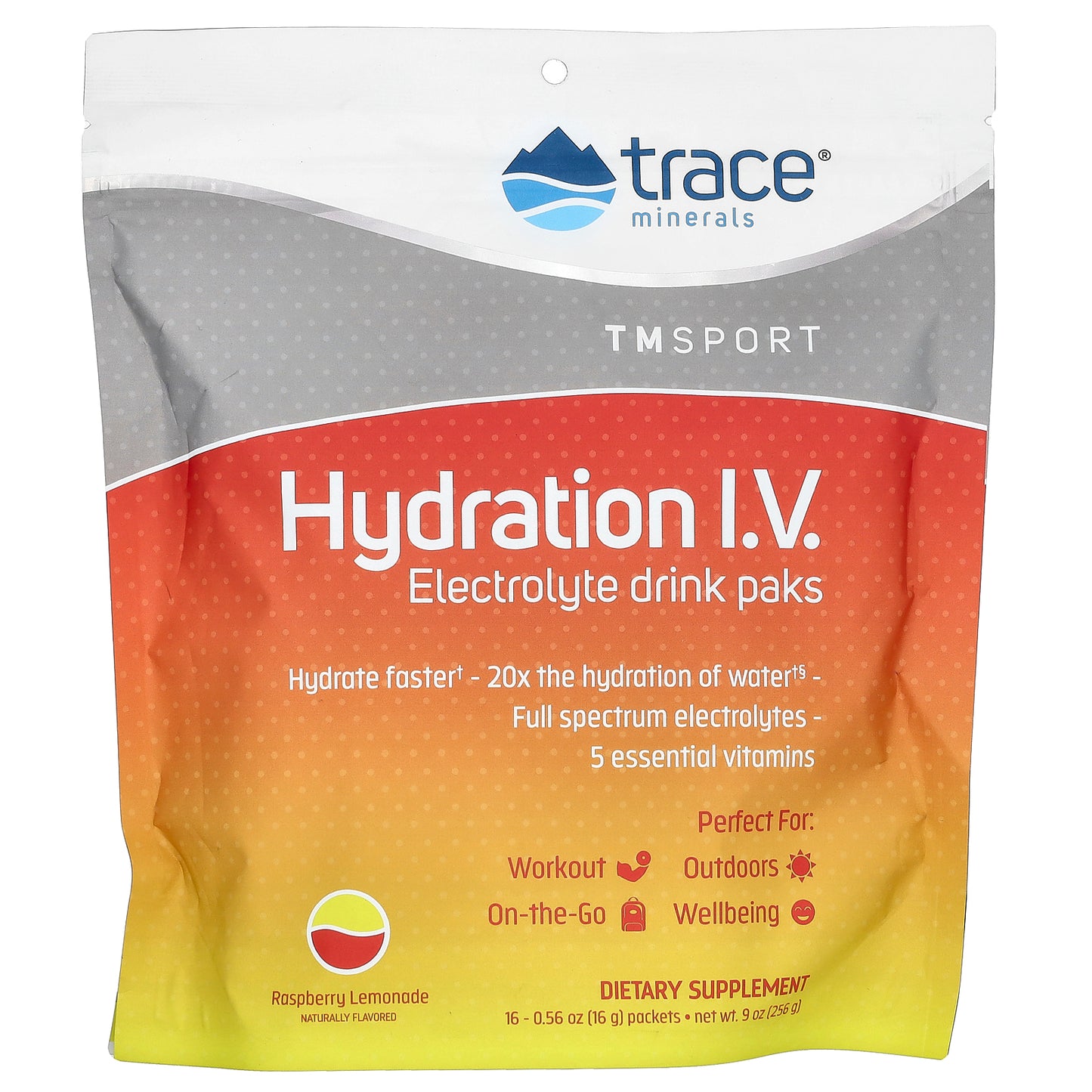 Trace, TMSport, Hydration I.V., Electrolyte Drink Paks, Raspberry Lemonade, 16 Packets, 0.56 oz (16 g) Each