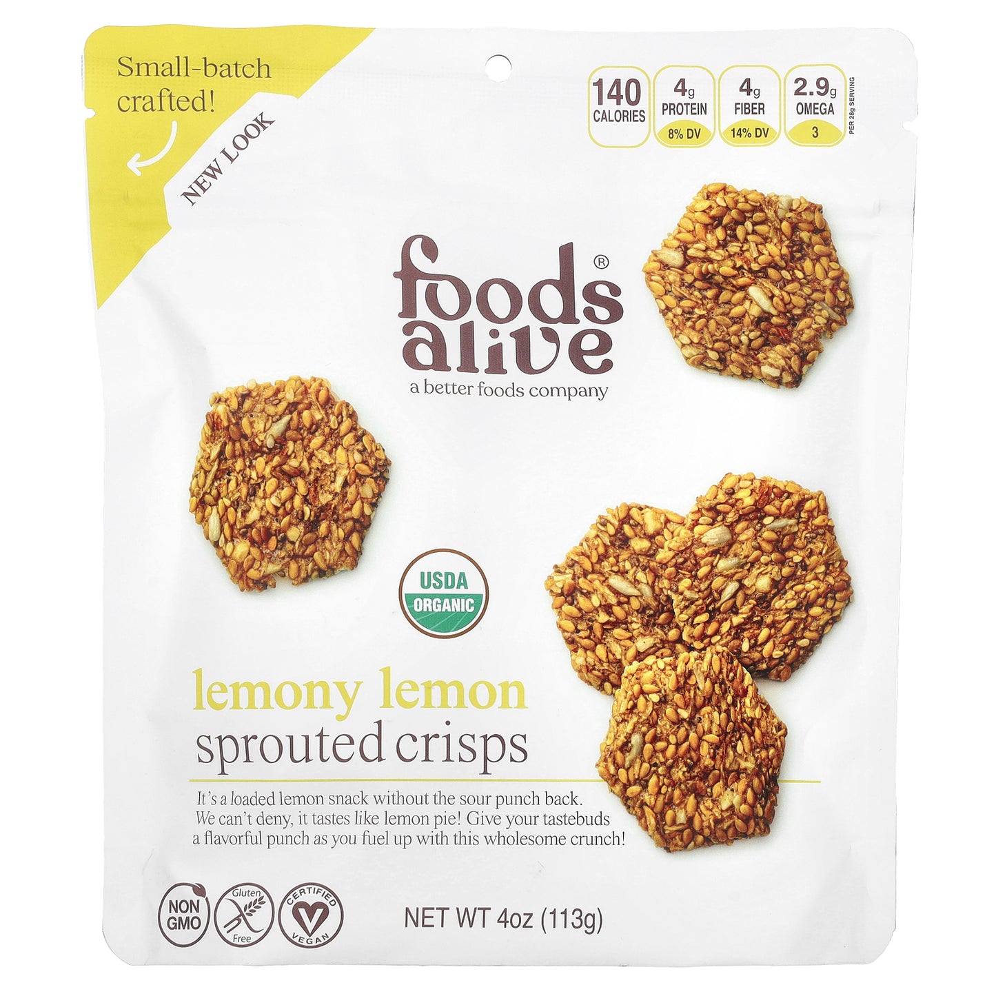 Foods Alive, Sprouted Crisps, Lemony Lemon, 4 oz (113 g)