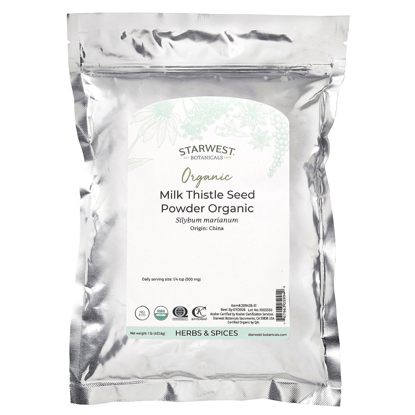 Starwest Botanicals, Organic Milk Thistle Seed Powder, 1 lb (453.6 g)