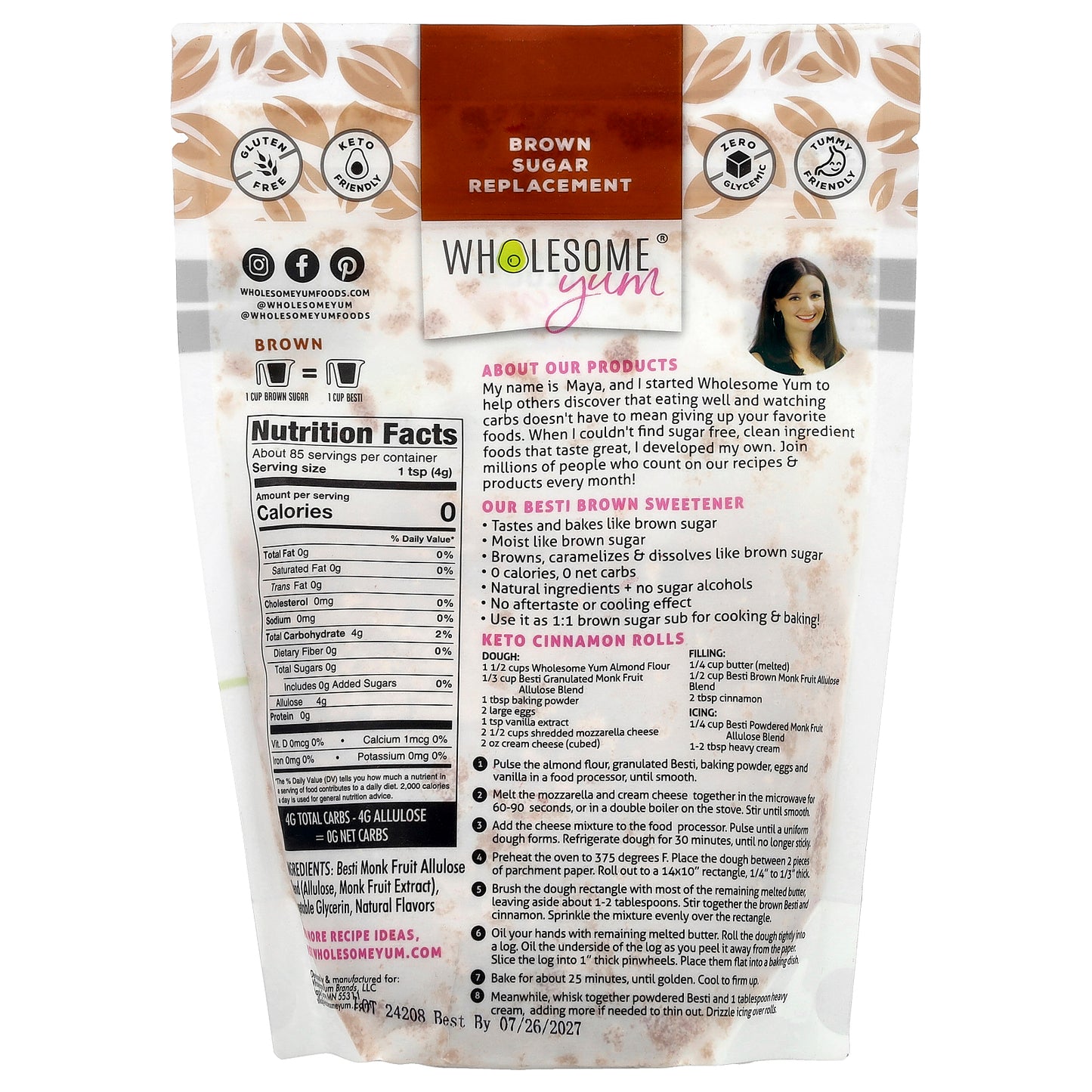 Wholesome Yum, Besti, Brown Sugar Replacement, Monk Fruit Allulose Blend, 12 oz (340 g)