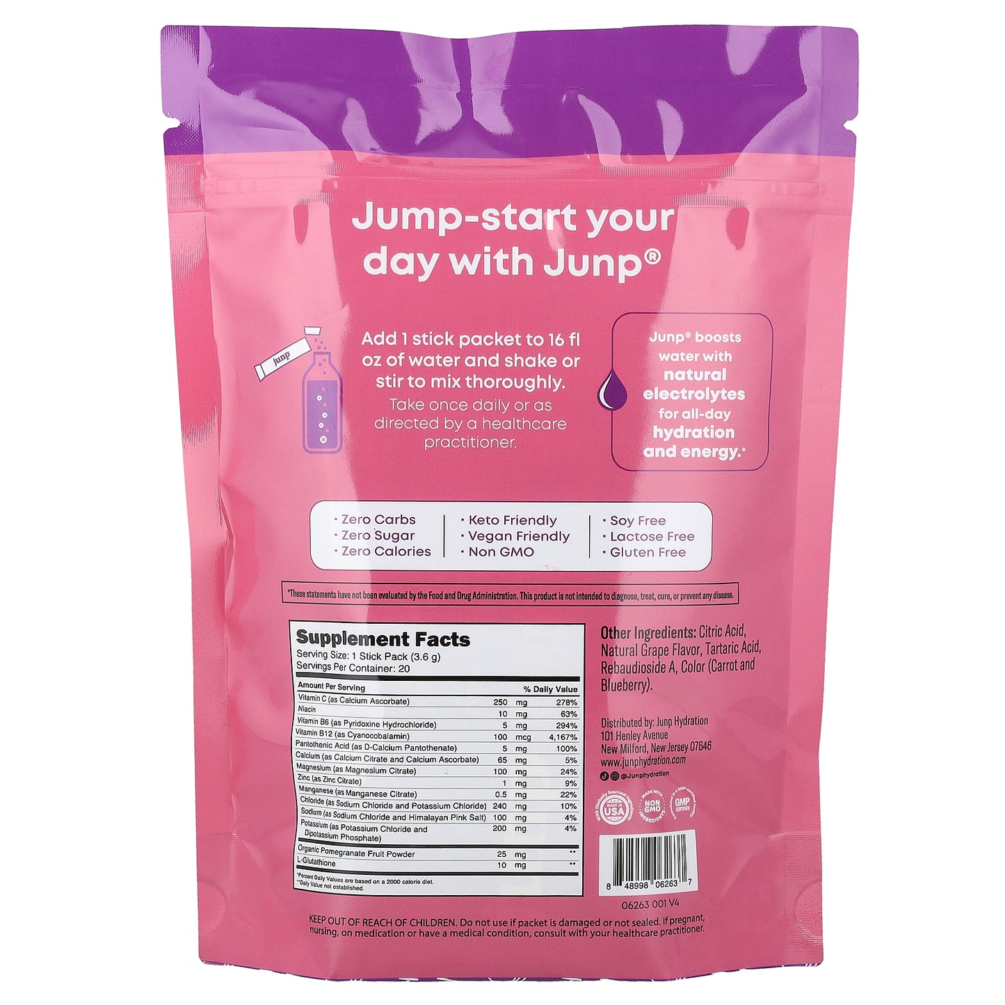 JUNP Hydration, Electrolyte Powder Mix, Grape, 20 Stick Packs, 0.13 oz (3.6 g) Each