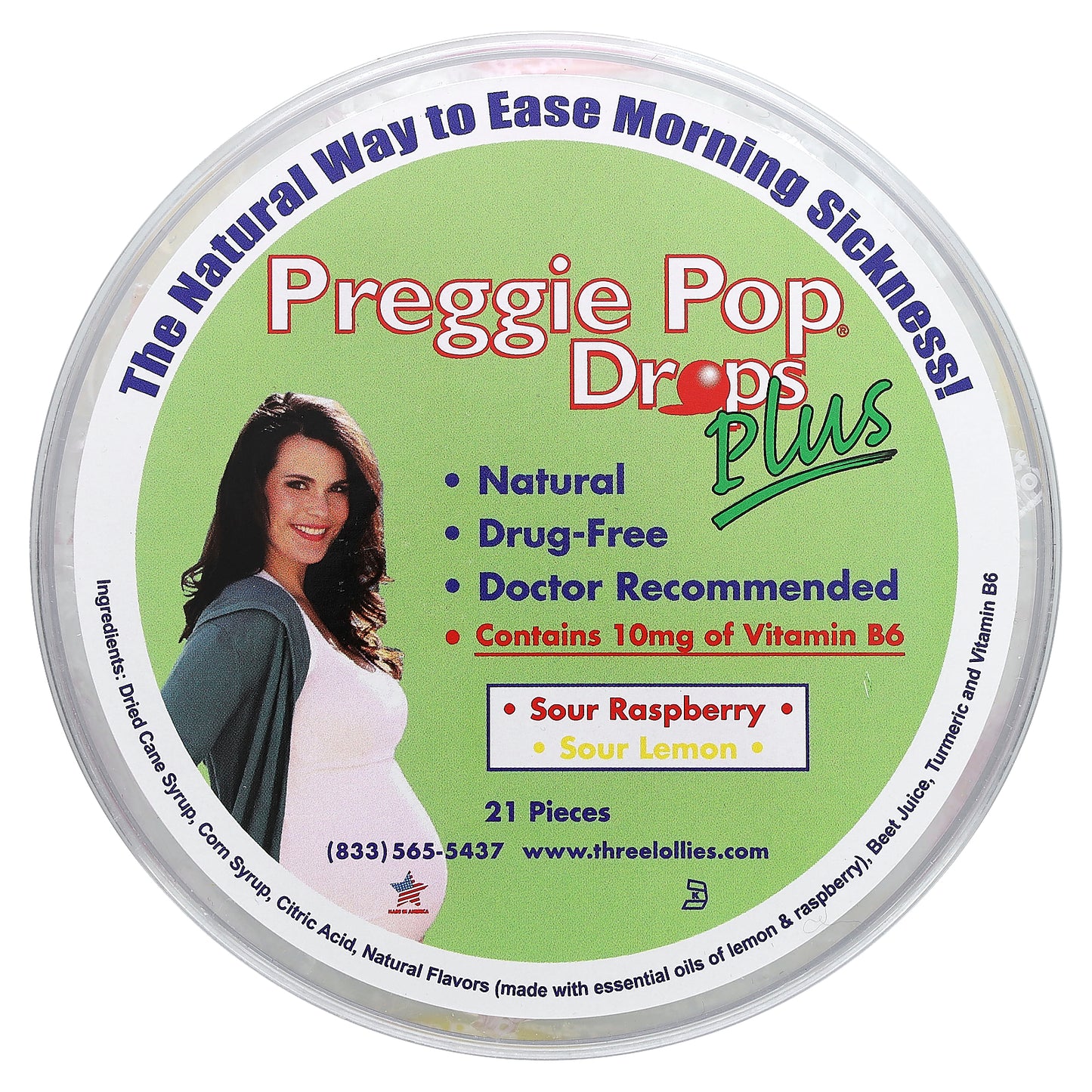 Preggie, Pop Drops Plus, Sour Raspberry, Sour Lemon, 21 Pieces