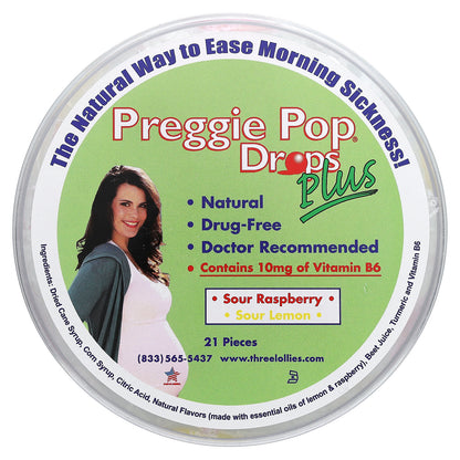 Preggie, Pop Drops Plus, Sour Raspberry, Sour Lemon, 21 Pieces