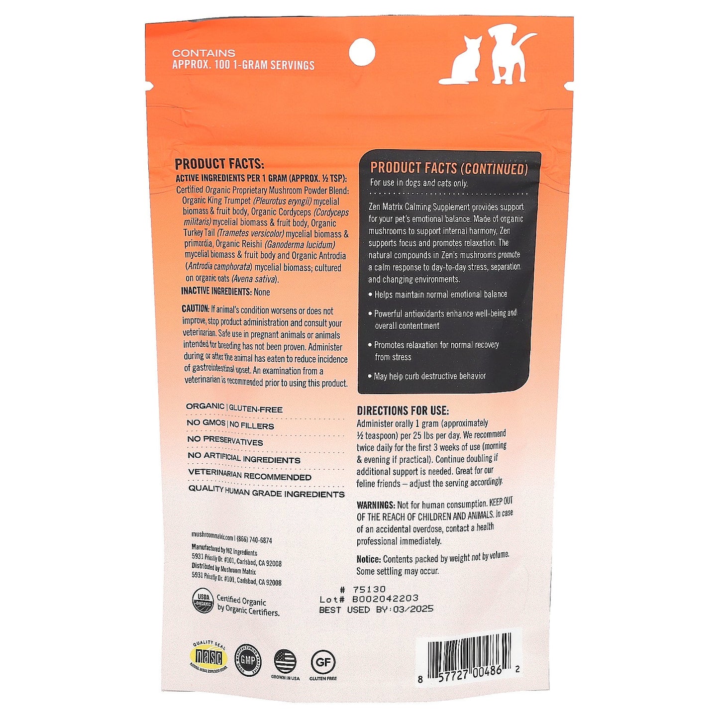 Mushroom Matrix Canine, Zen, Certified Organic Mushroom Powder, For 25 lb Pet, For Dogs and Cats, 3.5 oz (100 g)