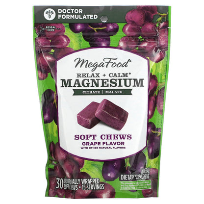 MegaFood, Relax + Calm Magnesium Soft Chews, Grape, 250 mg, 30 Individually Wrapped Soft Chews (125 mg per Chew)