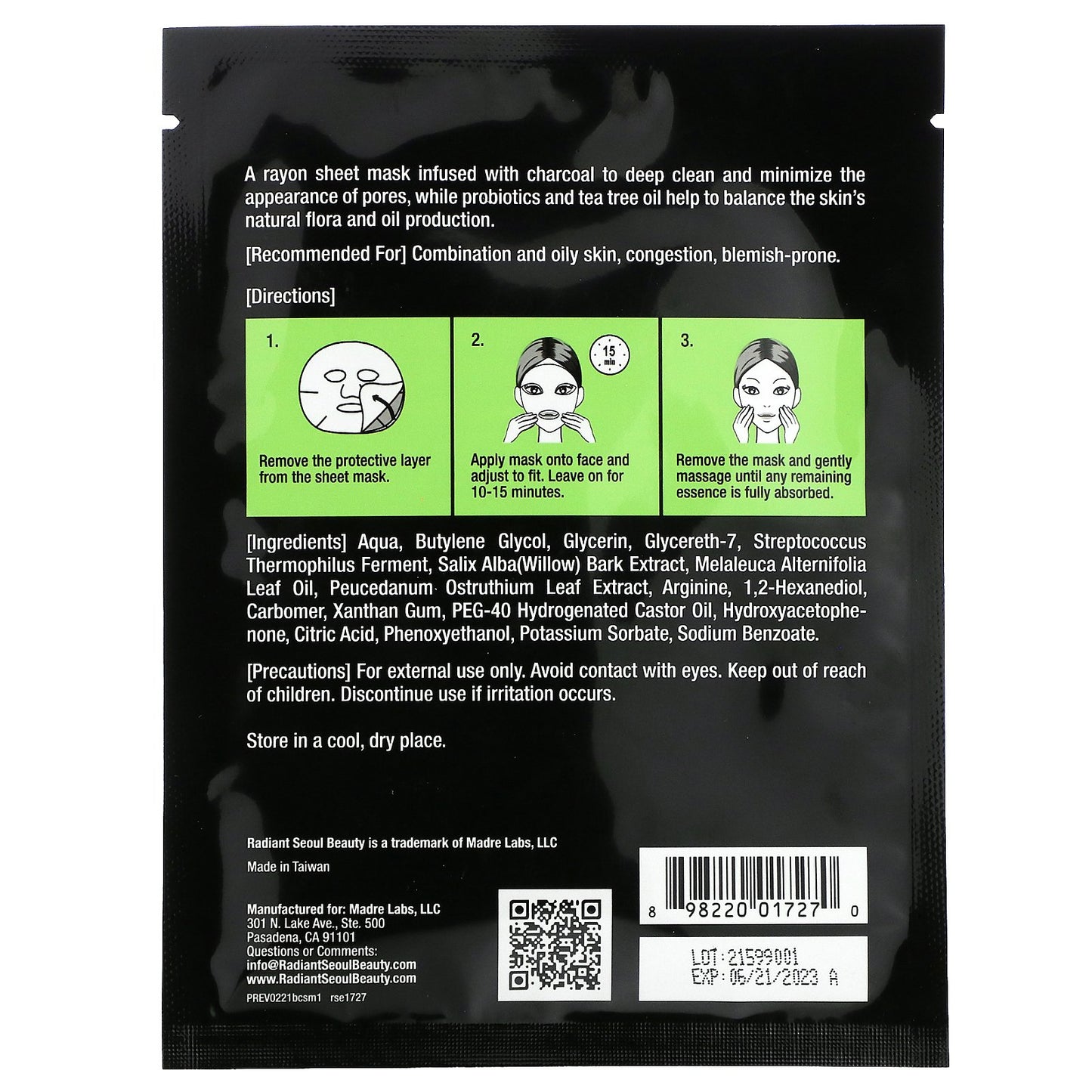 Radiant Seoul, Balancing Charcoal Beauty Sheet Mask, 1 Sheet Mask, 0.85 oz (25 ml)