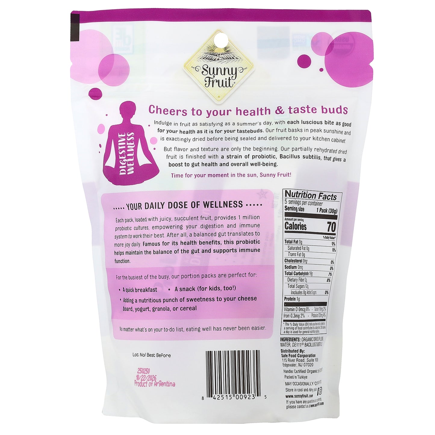 Sunny Fruit, Organic Dried Plums With Added Probiotics, 5 Packs, 1.06 oz (30 g) Each